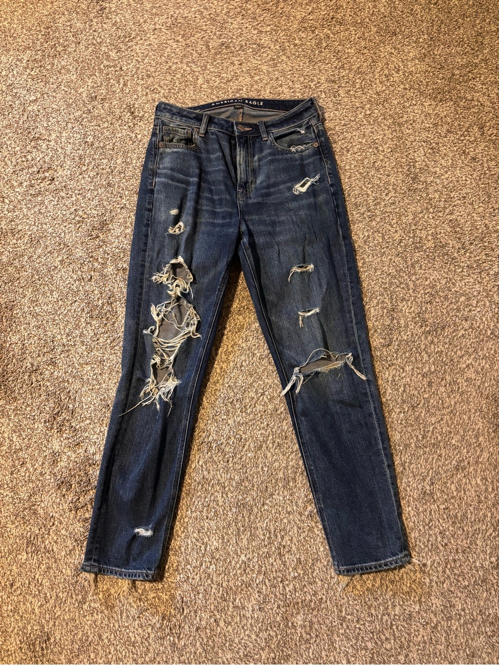American Eagle Outfitters Dark Blue Distressed High-Rise Mom Jean